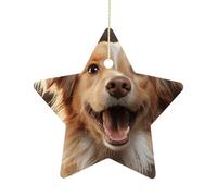 2.7 Inch Ceramic Christmas Star Ornament - Happy Puppy Double-Sided Printed Porcelain Tree Hanging Decor with Gold String, Vintage Holiday Decoration for Xmas Tree, Mantel, Gift