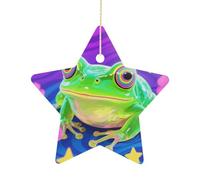 2.7 Inch Ceramic Christmas Star Ornament - Hippie Frog Double-Sided Printed Porcelain Tree Hanging Decor with Gold String, Vintage Holiday Decoration for Xmas Tree, Mantel, Gift