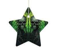 2.7 Inch Ceramic Christmas Star Ornament - Horrifying Green Skull Double-Sided Printed Porcelain Tree Hanging Decor with Gold String, Vintage Holiday Decoration for Xmas Tree, Mantel, Gift