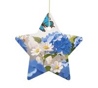 2.7 Inch Ceramic Christmas Star Ornament - Hydrangeas Daisies Butterflies Double-Sided Printed Porcelain Tree Hanging Decor with Gold String, Vintage Holiday Decoration for Xmas Tree, Mantel, Gift