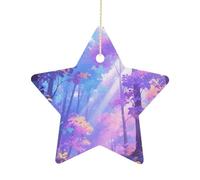 2.7 Inch Ceramic Christmas Star Ornament - Iridescent Forest Double-Sided Printed Porcelain Tree Hanging Decor with Gold String, Vintage Holiday Decoration for Xmas Tree, Mantel, Gift