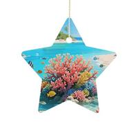 2.7 Inch Ceramic Christmas Star Ornament - Island Corals Double-Sided Printed Porcelain Tree Hanging Decor with Gold String, Vintage Holiday Decoration for Xmas Tree, Mantel, Gift