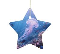 2.7 Inch Ceramic Christmas Star Ornament - Jellyfish Swimming Double-Sided Printed Porcelain Tree Hanging Decor with Gold String, Vintage Holiday Decoration for Xmas Tree, Mantel, Gift