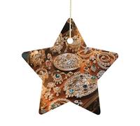 2.7 Inch Ceramic Christmas Star Ornament - Jewelry Feast Double-Sided Printed Porcelain Tree Hanging Decor with Gold String, Vintage Holiday Decoration for Xmas Tree, Mantel, Gift