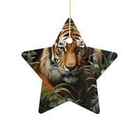 2.7 Inch Ceramic Christmas Star Ornament - Jungle Tiger Double-Sided Printed Porcelain Tree Hanging Decor with Gold String, Vintage Holiday Decoration for Xmas Tree, Mantel, Gift