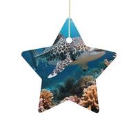 2.7 Inch Ceramic Christmas Star Ornament - Leopard Shark Double-Sided Printed Porcelain Tree Hanging Decor with Gold String, Vintage Holiday Decoration for Xmas Tree, Mantel, Gift