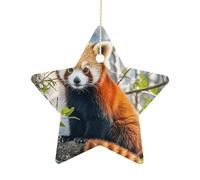 2.7 Inch Ceramic Christmas Star Ornament - Little Red Panda Double-Sided Printed Porcelain Tree Hanging Decor with Gold String, Vintage Holiday Decoration for Xmas Tree, Mantel, Gift