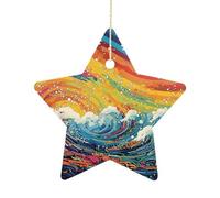 2.7 Inch Ceramic Christmas Star Ornament - Lively Sea View Double-Sided Printed Porcelain Tree Hanging Decor with Gold String, Vintage Holiday Decoration for Xmas Tree, Mantel, Gift