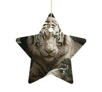 2.7 Inch Ceramic Christmas Star Ornament - Lying White Tiger Double-Sided Printed Porcelain Tree Hanging Decor with Gold String, Vintage Holiday Decoration for Xmas Tree, Mantel, Gift