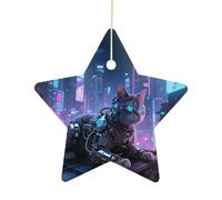 2.7 Inch Ceramic Christmas Star Ornament - Mechanical Cat Double-Sided Printed Porcelain Tree Hanging Decor with Gold String, Vintage Holiday Decoration for Xmas Tree, Mantel, Gift