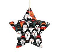 2.7 Inch Ceramic Christmas Star Ornament - Monster Face Double-Sided Printed Porcelain Tree Hanging Decor with Gold String, Vintage Holiday Decoration for Xmas Tree, Mantel, Gift