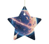 2.7 Inch Ceramic Christmas Star Ornament - Mysterious Planet Double-Sided Printed Porcelain Tree Hanging Decor with Gold String, Vintage Holiday Decoration for Xmas Tree, Mantel, Gift