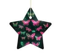 2.7 Inch Ceramic Christmas Star Ornament - Neon Butterfly Double-Sided Printed Porcelain Tree Hanging Decor with Gold String, Vintage Holiday Decoration for Xmas Tree, Mantel, Gift