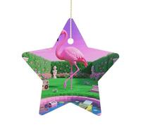 2.7 Inch Ceramic Christmas Star Ornament - Neon Flamingo Pattern Double-Sided Printed Porcelain Tree Hanging Decor with Gold String, Vintage Holiday Decoration for Xmas Tree, Mantel, Gift