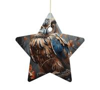 2.7 Inch Ceramic Christmas Star Ornament - Owl Print Double-Sided Printed Porcelain Tree Hanging Decor with Gold String, Vintage Holiday Decoration for Xmas Tree, Mantel, Gift