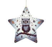 2.7 Inch Ceramic Christmas Star Ornament - Owl Tree Branches Double-Sided Printed Porcelain Tree Hanging Decor with Gold String, Vintage Holiday Decoration for Xmas Tree, Mantel, Gift