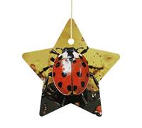 2.7 Inch Ceramic Christmas Star Ornament - Paint Spotted Ladybug Double-Sided Printed Porcelain Tree Hanging Decor with Gold String, Vintage Holiday Decoration for Xmas Tree, Mantel, Gift