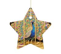 2.7 Inch Ceramic Christmas Star Ornament - Peacock Double-Sided Printed Porcelain Tree Hanging Decor with Gold String, Vintage Holiday Decoration for Xmas Tree, Mantel, Gift