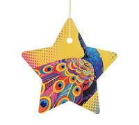 2.7 Inch Ceramic Christmas Star Ornament - Peacock Pattern Double-Sided Printed Porcelain Tree Hanging Decor with Gold String, Vintage Holiday Decoration for Xmas Tree, Mantel, Gift