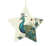 2.7 Inch Ceramic Christmas Star Ornament - Peacock Pattern Double-Sided Printed Porcelain Tree Hanging Decor with Gold String, Vintage Holiday Decoration for Xmas Tree, Mantel, Gift