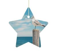 2.7 Inch Ceramic Christmas Star Ornament - Perched on Wooden Pillar Double-Sided Printed Porcelain Tree Hanging Decor with Gold String, Vintage Holiday Decoration for Xmas Tree, Mantel, Gift