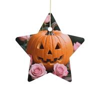 2.7 Inch Ceramic Christmas Star Ornament - Pumpkin and Pink Roses Double-Sided Printed Porcelain Tree Hanging Decor with Gold String, Vintage Holiday Decoration for Xmas Tree, Mantel, Gift