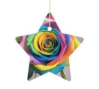 2.7 Inch Ceramic Christmas Star Ornament - Rainbow Rose Double-Sided Printed Porcelain Tree Hanging Decor with Gold String, Vintage Holiday Decoration for Xmas Tree, Mantel, Gift