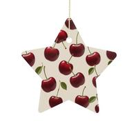 2.7 Inch Ceramic Christmas Star Ornament - Red Cherry Double-Sided Printed Porcelain Tree Hanging Decor with Gold String, Vintage Holiday Decoration for Xmas Tree, Mantel, Gift