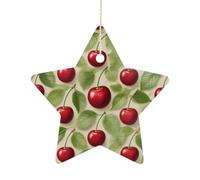 2.7 Inch Ceramic Christmas Star Ornament - Red Cherry Pattern Double-Sided Printed Porcelain Tree Hanging Decor with Gold String, Vintage Holiday Decoration for Xmas Tree, Mantel, Gift
