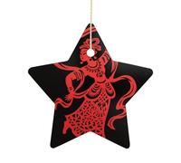 2.7 Inch Ceramic Christmas Star Ornament - Red Papercut Dancer Double-Sided Printed Porcelain Tree Hanging Decor with Gold String, Vintage Holiday Decoration for Xmas Tree, Mantel, Gift