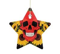 2.7 Inch Ceramic Christmas Star Ornament - Red Skull & Yellow Sunflowers Double-Sided Printed Porcelain Tree Hanging Decor with Gold String, Vintage Holiday Decoration for Xmas Tree, Mantel, Gift