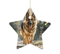 2.7 Inch Ceramic Christmas Star Ornament - Running German Shepherd Dog Double-Sided Printed Porcelain Tree Hanging Decor with Gold String, Vintage Holiday Decoration for Xmas Tree, Mantel, Gift