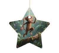 2.7 Inch Ceramic Christmas Star Ornament - Running Monkey Double-Sided Printed Porcelain Tree Hanging Decor with Gold String, Vintage Holiday Decoration for Xmas Tree, Mantel, Gift