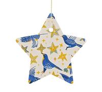 2.7 Inch Ceramic Christmas Star Ornament - Star Bird Print Double-Sided Printed Porcelain Tree Hanging Decor with Gold String, Vintage Holiday Decoration for Xmas Tree, Mantel, Gift