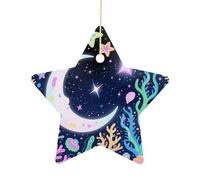 2.7 Inch Ceramic Christmas Star Ornament - Star Ocean Pattern Double-Sided Printed Porcelain Tree Hanging Decor with Gold String, Vintage Holiday Decoration for Xmas Tree, Mantel, Gift