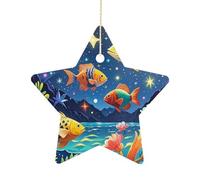 2.7 Inch Ceramic Christmas Star Ornament - Starry and Fish Double-Sided Printed Porcelain Tree Hanging Decor with Gold String, Vintage Holiday Decoration for Xmas Tree, Mantel, Gift