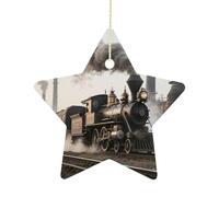 2.7 Inch Ceramic Christmas Star Ornament - Steam Train Double-Sided Printed Porcelain Tree Hanging Decor with Gold String, Vintage Holiday Decoration for Xmas Tree, Mantel, Gift