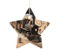2.7 Inch Ceramic Christmas Star Ornament - Steam Train in The Desert Double-Sided Printed Porcelain Tree Hanging Decor with Gold String, Vintage Holiday Decoration for Xmas Tree, Mantel, Gift