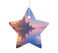 2.7 Inch Ceramic Christmas Star Ornament - Sun and Moon Double-Sided Printed Porcelain Tree Hanging Decor with Gold String, Vintage Holiday Decoration for Xmas Tree, Mantel, Gift