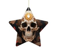 2.7 Inch Ceramic Christmas Star Ornament - Sun Skull Decorated Double-Sided Printed Porcelain Tree Hanging Decor with Gold String, Vintage Holiday Decoration for Xmas Tree, Mantel, Gift