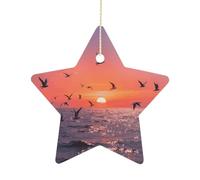 2.7 Inch Ceramic Christmas Star Ornament - Sunset Seagulls Double-Sided Printed Porcelain Tree Hanging Decor with Gold String, Vintage Holiday Decoration for Xmas Tree, Mantel, Gift