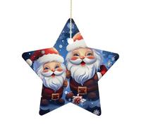 2.7 Inch Ceramic Christmas Star Ornament - Super Cute Santa Claus Double-Sided Printed Porcelain Tree Hanging Decor with Gold String, Vintage Holiday Decoration for Xmas Tree, Mantel, Gift