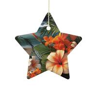 2.7 Inch Ceramic Christmas Star Ornament - Tropical Flowers and Decorations Double-Sided Printed Porcelain Tree Hanging Decor with Gold String, Vintage Holiday Decoration for Xmas Tree, Mantel, Gift
