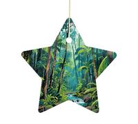 2.7 Inch Ceramic Christmas Star Ornament - Tropical Rainforest Double-Sided Printed Porcelain Tree Hanging Decor with Gold String, Vintage Holiday Decoration for Xmas Tree, Mantel, Gift