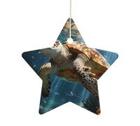 2.7 Inch Ceramic Christmas Star Ornament - Turtle Swimming Double-Sided Printed Porcelain Tree Hanging Decor with Gold String, Vintage Holiday Decoration for Xmas Tree, Mantel, Gift
