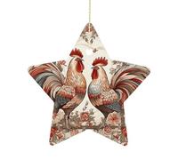 2.7 Inch Ceramic Christmas Star Ornament - Two Flower Roosters Double-Sided Printed Porcelain Tree Hanging Decor with Gold String, Vintage Holiday Decoration for Xmas Tree, Mantel, Gift