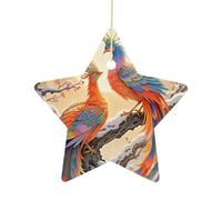 2.7 Inch Ceramic Christmas Star Ornament - Two Phoenixes in Winter Double-Sided Printed Porcelain Tree Hanging Decor with Gold String, Vintage Holiday Decoration for Xmas Tree, Mantel, Gift