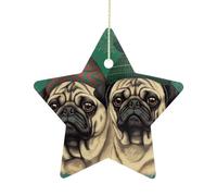 2.7 Inch Ceramic Christmas Star Ornament - Two Pugs Wearing Hats Double-Sided Printed Porcelain Tree Hanging Decor with Gold String, Vintage Holiday Decoration for Xmas Tree, Mantel, Gift