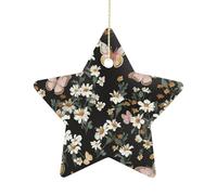 2.7 Inch Ceramic Christmas Star Ornament - Various Butterflies and Daisies Double-Sided Printed Porcelain Tree Hanging Decor with Gold String, Vintage Holiday Decoration for Xmas Tree, Mantel, Gift