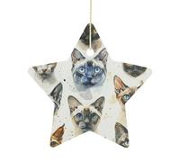 2.7 Inch Ceramic Christmas Star Ornament - Various Cat Breeds Double-Sided Printed Porcelain Tree Hanging Decor with Gold String, Vintage Holiday Decoration for Xmas Tree, Mantel, Gift